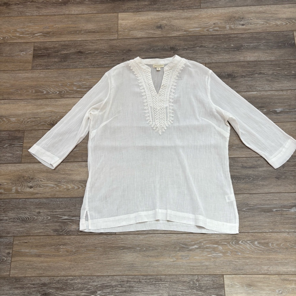 Appleseed's Tunic Top Sz XL White Gauzy Pullover Semi Sheer Beach Coastal Pool